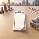 Custom 2 x 6 inch construction company notepad lying flat on a desk beside blueprints and building models