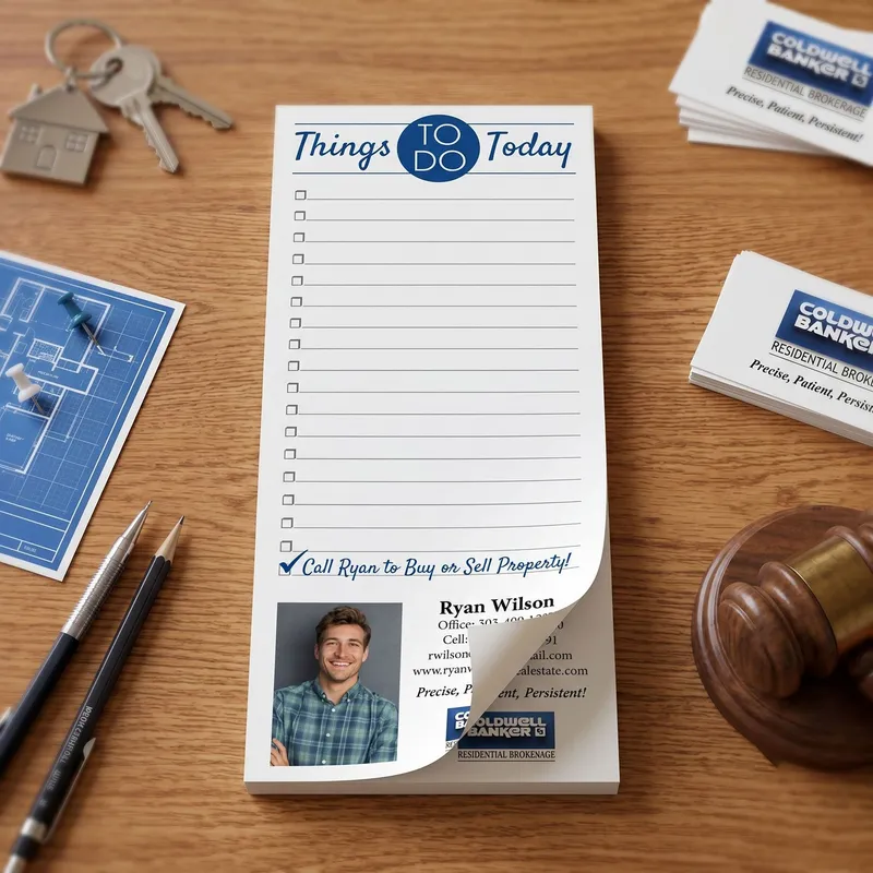Custom 3.5 x 8 inch real estate agent checklist pad with headshot on a desk with a blueprint