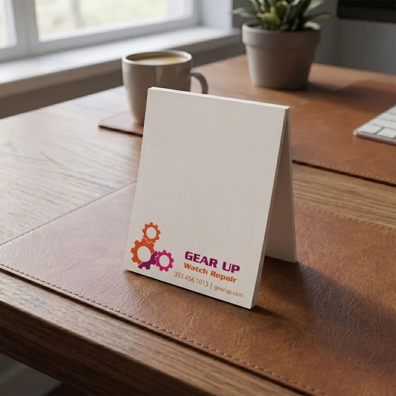 Custom 3 x 4 inch watch repair shop memo pad standing on a desk by a window with coffee and a plant
