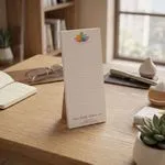Custom 3 x 8 inch lotus logo list pad standing on a desk beside glasses, a notebook and a succulent