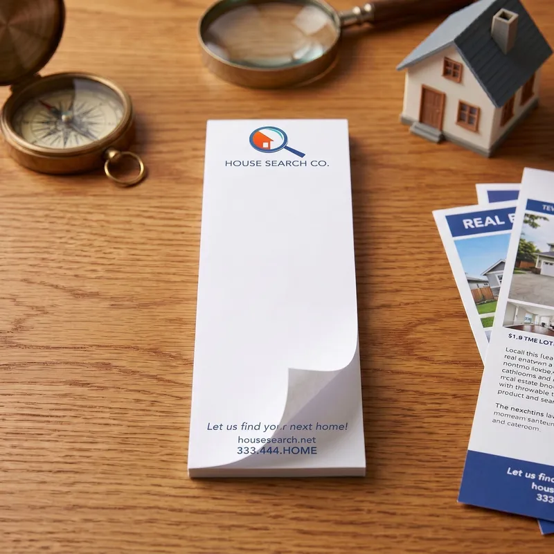 Custom 3 x 9 inch real estate notepad flat on a desk beside a magnifying glass, compass, model house and flyers