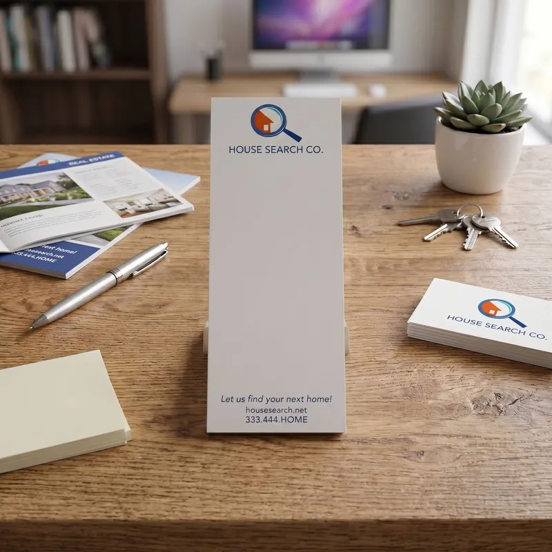 Custom 3 x 9 inch House Search Co. long notepad standing on a desk beside business cards and keys