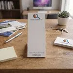 Custom 3 x 9 inch House Search Co. long notepad standing on a desk beside business cards and keys