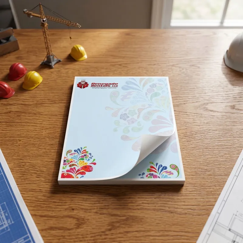 Custom 4.125 x 5.5 inch equipment rental notepad with floral corners, flat on a desk by a toy crane and hard hats