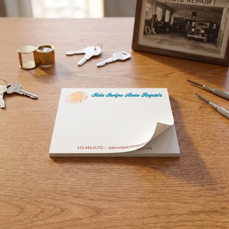 Custom 4 x 3 inch auto repair memo pad lying flat on a wood desk beside car keys and a framed photo