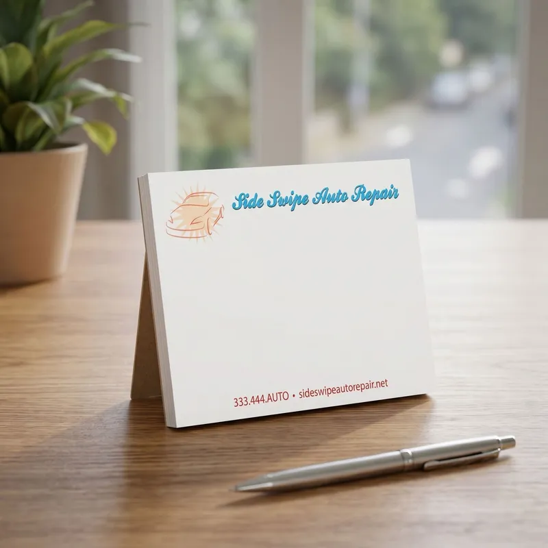 Custom 4 x 3 inch auto repair memo pad standing on a desk beside a plant and a silver pen