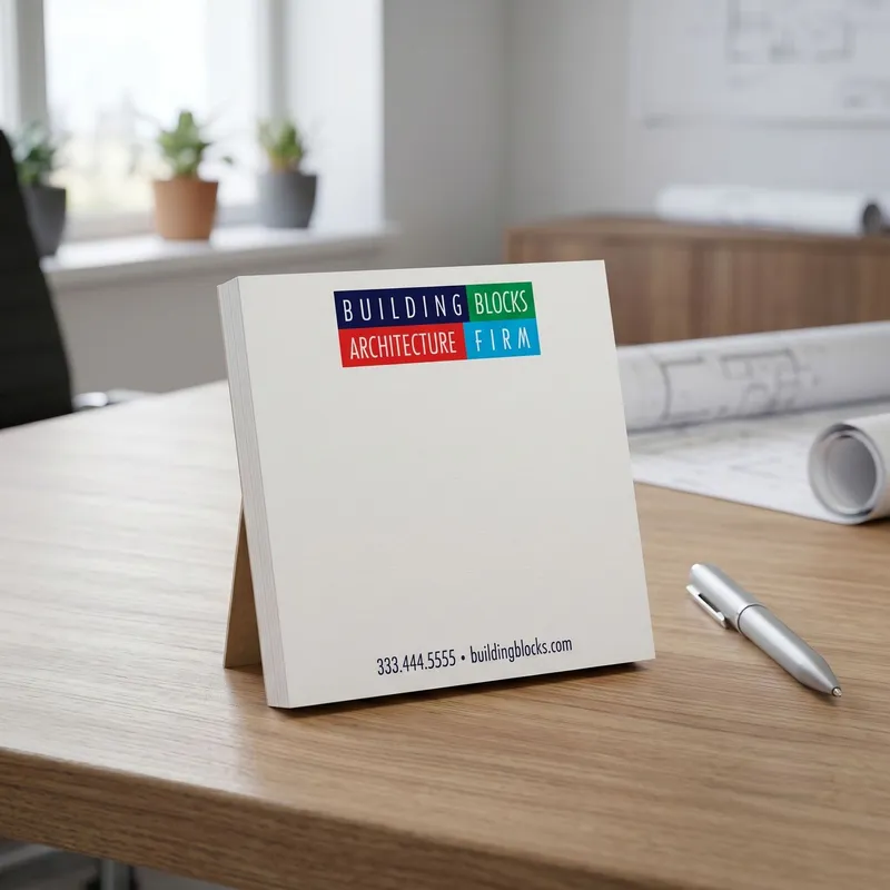 Custom 4 x 4 inch square notepad with a block letter architecture logo standing on a desk by a window