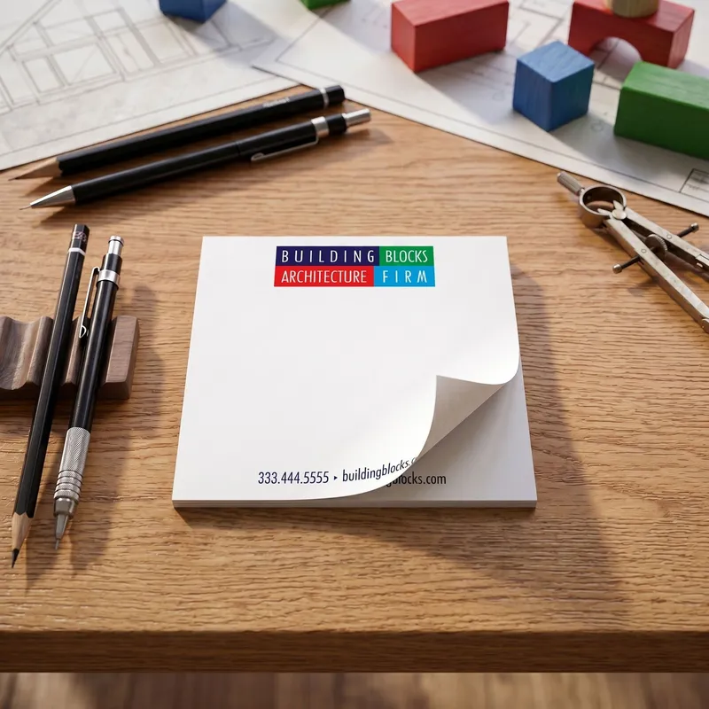 Custom 4 x 4 inch architecture firm square notepad, top sheet curling, on a desk with drafting pencils and blueprints