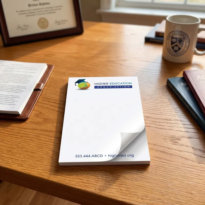 Custom 4 x 7 inch higher education memo pad, top sheet curling, on a desk with a framed diploma and a mug