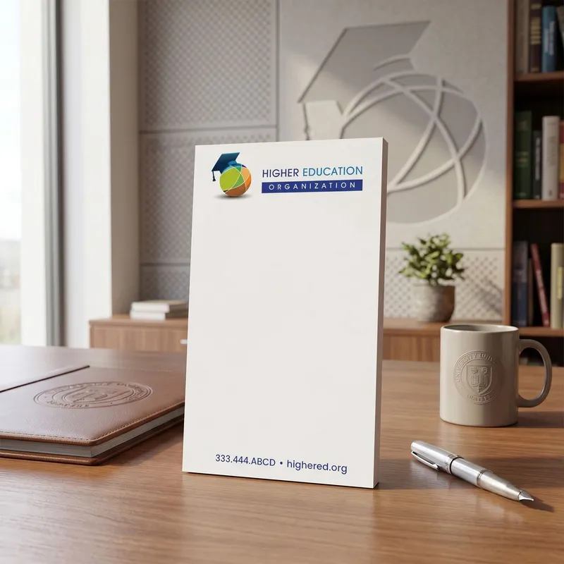 Custom 4 x 7 inch higher education memo pad standing on an office desk beside a mug and a pen