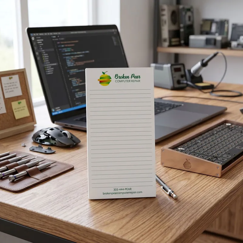 Custom 4 x 8 inch computer repair logo notepad standing on a desk beside a laptop, keyboard and tools