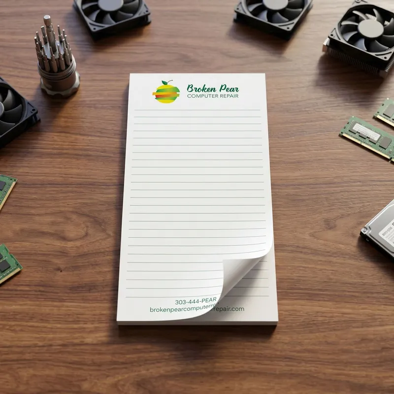 Custom 4 x 8 inch lined notepad for a computer repair shop, top sheet curling, on a desk with fans and RAM
