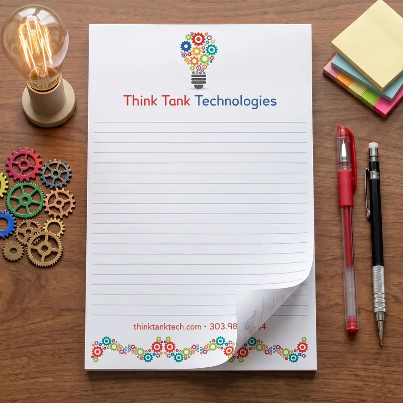 Custom 5.5 x 8.5 inch Think Tank Technologies lined notepad flat beside an Edison bulb and gears