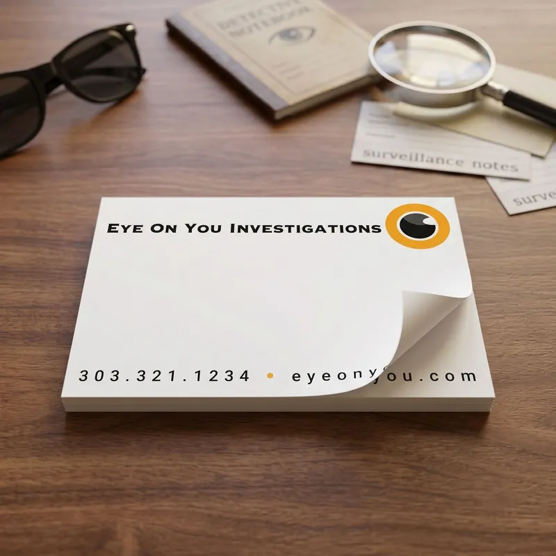 Custom 5 x 3 inch private investigator notepad, top sheet curling, on a desk with sunglasses and a magnifying glass