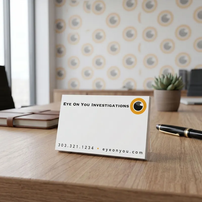 Custom 5 x 3 inch landscape notepad for an investigations firm standing on an office desk with a pen