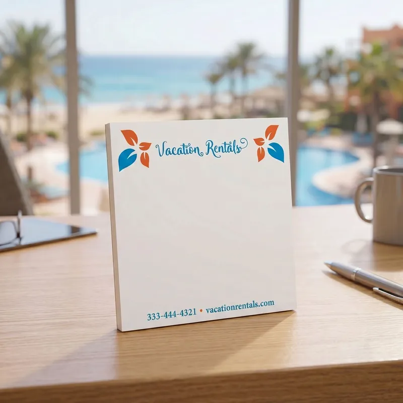 Custom 5 x 5 inch square vacation rental notepad standing on a table overlooking a resort pool and beach