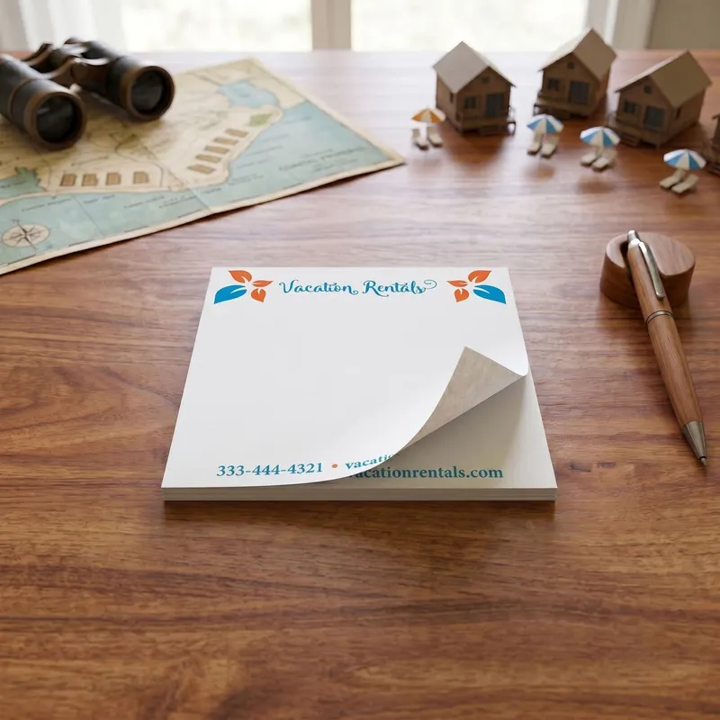 Custom 5 x 5 inch vacation rental memo pad, top sheet curling, on a desk with binoculars and a map