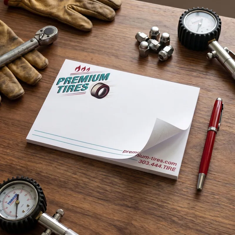 Custom 6 x 4 inch Premium Tires notepad flat on a workbench with gloves, lug nuts, tire gauges and a red pen