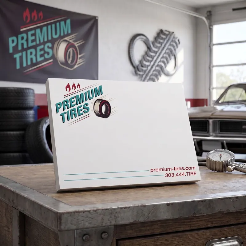 Custom 6 x 4 inch Premium Tires horizontal notepad standing on a shop counter with tires and a banner behind