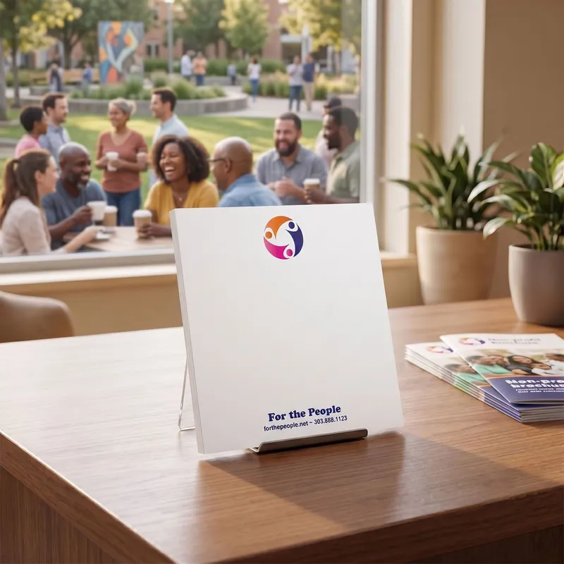 Custom 6 x 6 inch square nonprofit notepad standing on a table with a community event behind it