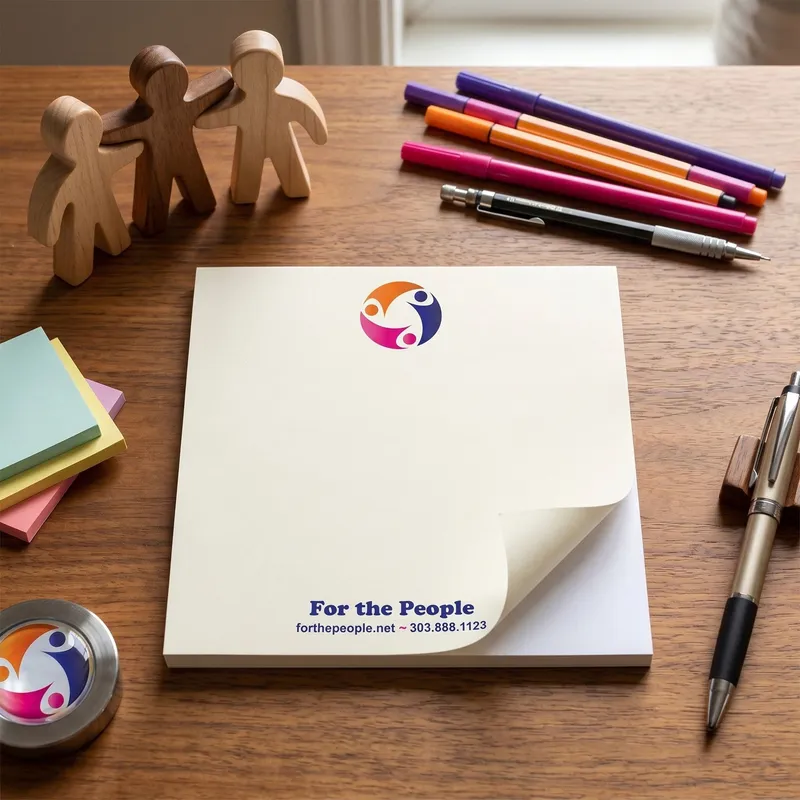 Custom 6 x 6 inch nonprofit notepad, top sheet curling, on a desk with markers and sticky notes