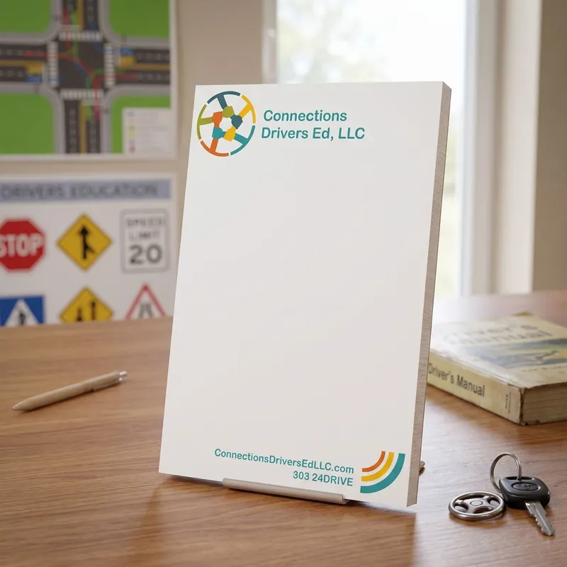Custom 6 x 9 inch Connections Drivers Ed notepad on a stand in a classroom with road signs