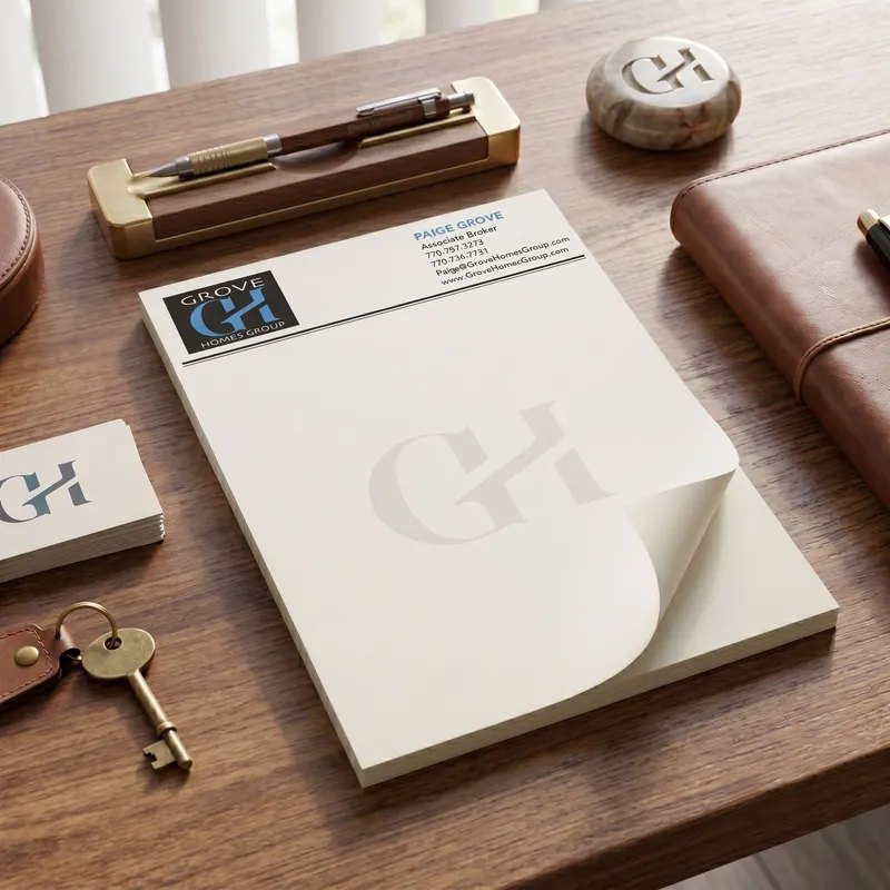 Custom 8.5 x 10.5 inch Grove Homes Group notepad flat on a desk beside a monogram card, keys and a pen