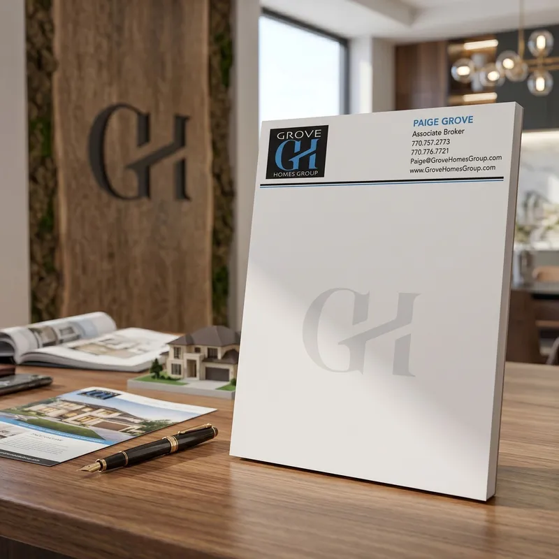 Custom 8.5 x 10.5 inch Grove Homes Group full-page notepad standing in an office by a monogram wall sign