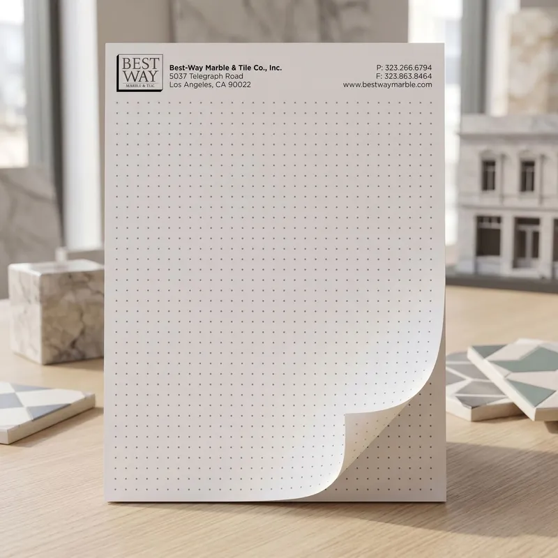 Custom 8.5 x 11 inch dot grid notepad standing upright, printed with an evenly spaced dot grid on a top-glued pad.