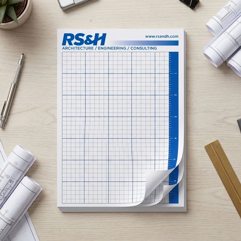 Custom 5.5 x 8.5 inch grid graph paper notepad shown flat, with a blue square engineering graph grid and tear-off top-glued binding.