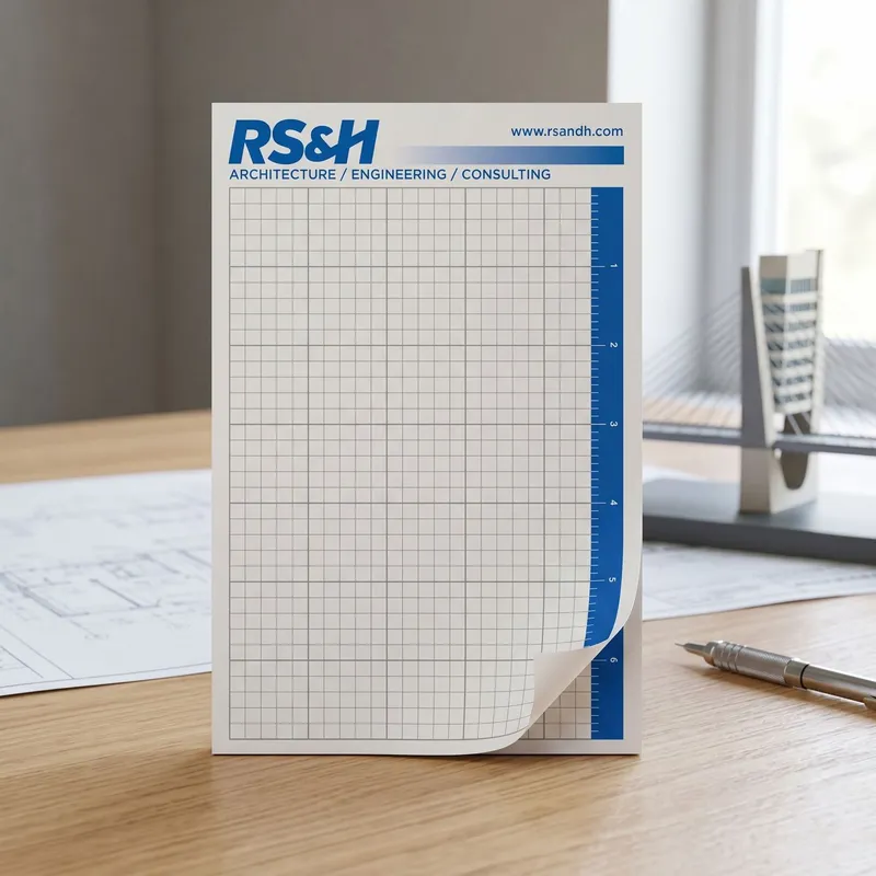 Custom 5.5 x 8.5 inch grid graph paper notepad standing upright, printed with a square graph grid on a top-bound tear-off pad.