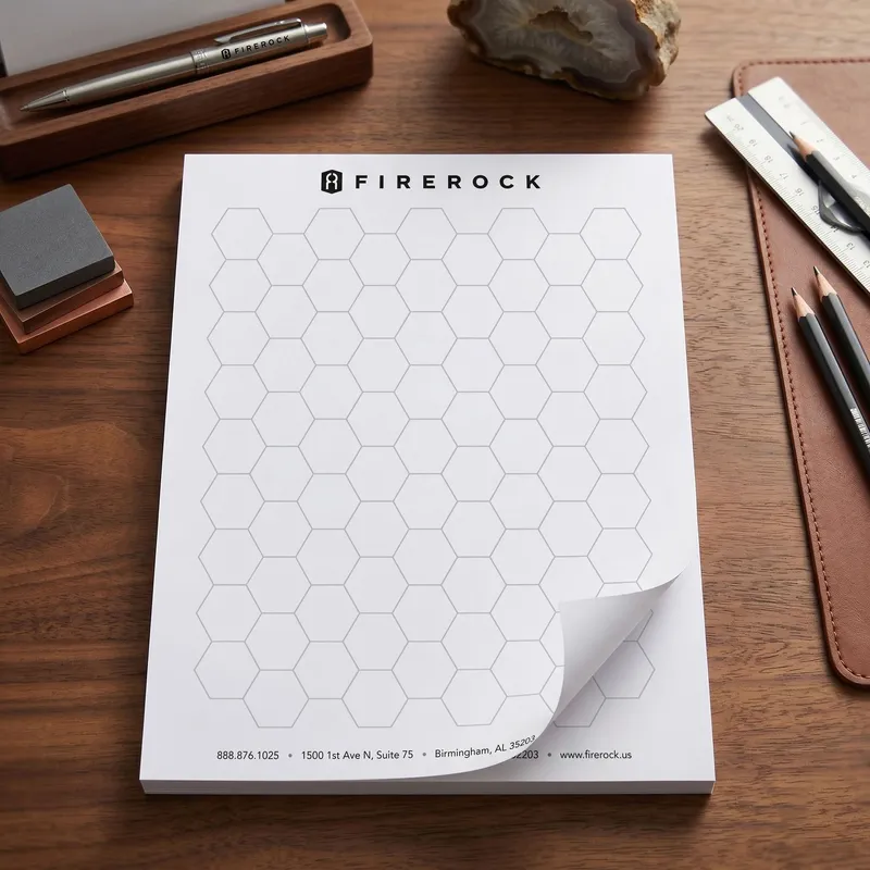 Custom 8.5 x 11 inch large hexagon grid notepad shown flat, printed with a large honeycomb pattern on a tear-off top-bound pad.