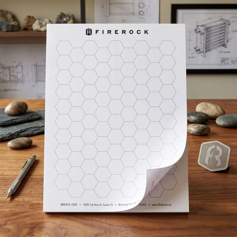 Custom 8.5 x 11 inch large hexagon grid notepad standing upright, with a large honeycomb pattern on a top-glued pad.