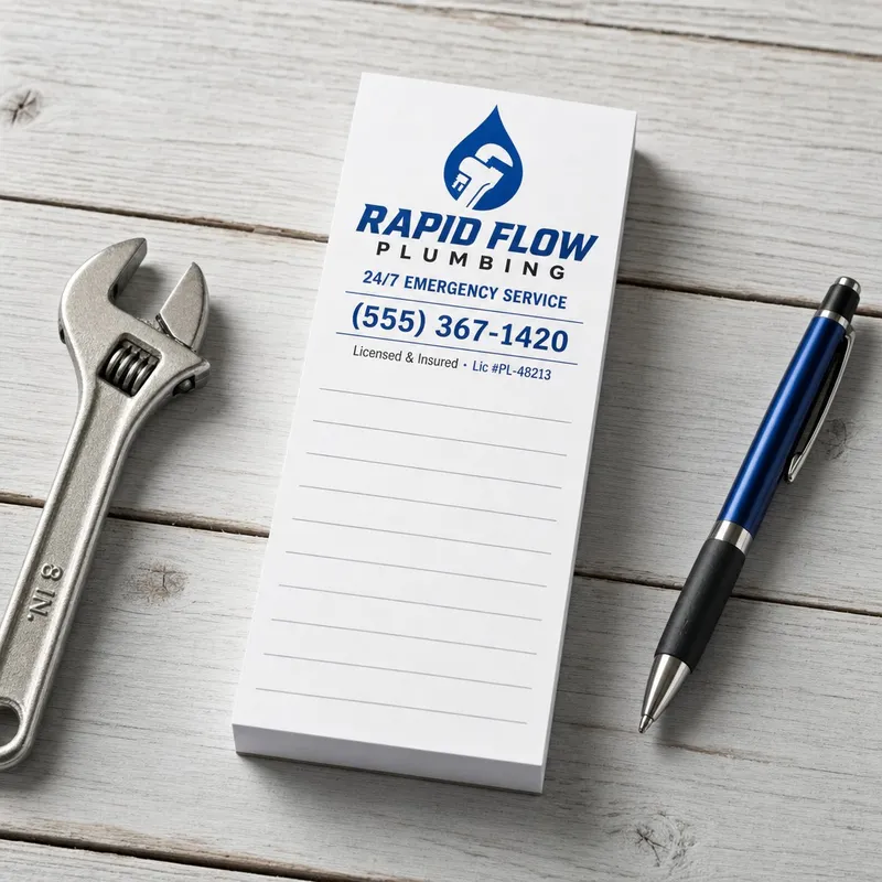 Custom 2 x 4 inch plumbing company notepad with logo, 24/7 service line and lined page, beside a wrench and a blue pen