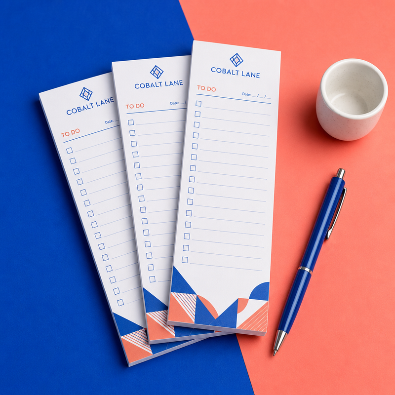 Custom 2 x 6 inch Cobalt Lane narrow to-do pads, three checkbox pads with geometric art, a blue pen and a cup