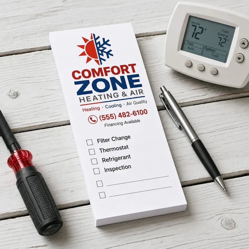 Custom 2 x 6 inch HVAC company list pad with logo, phone and service checkboxes, beside a thermostat and screwdriver
