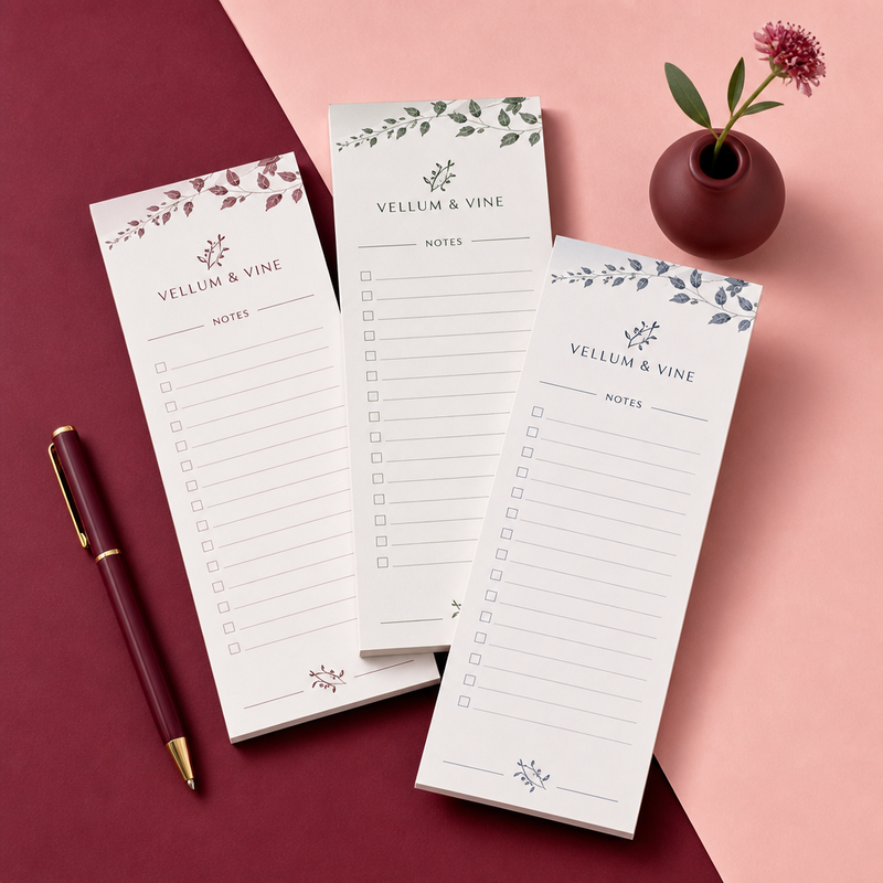 Custom slim Vellum & Vine botanical checklist notepads with a burgundy pen