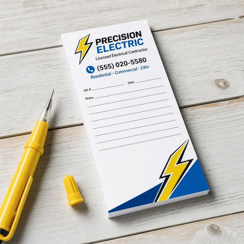 Custom 3.5 x 8 inch electrical contractor notepad with Job, Date and Notes lines on white wood