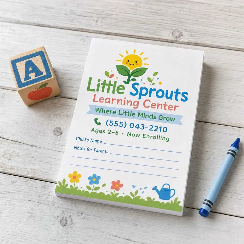 Custom 3 x 4 inch preschool memo pad with child's name and notes for parents lines, beside an ABC block and crayon