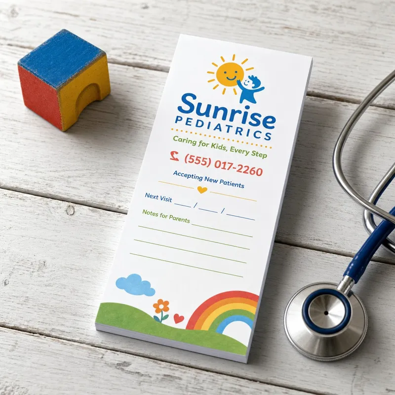 Custom 3 x 8 inch pediatric clinic notepad with rainbow, phone and Next Visit lines, beside a toy block and stethoscope