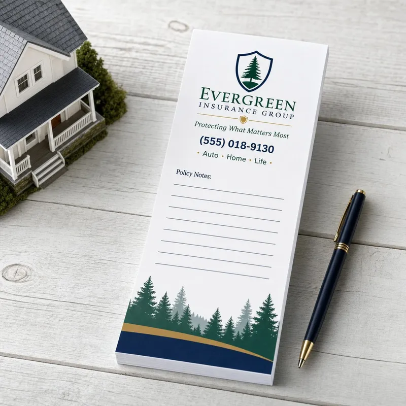 Custom 3 x 9 inch insurance agency long notepad with pine crest, phone and Policy Notes lines, beside a model house