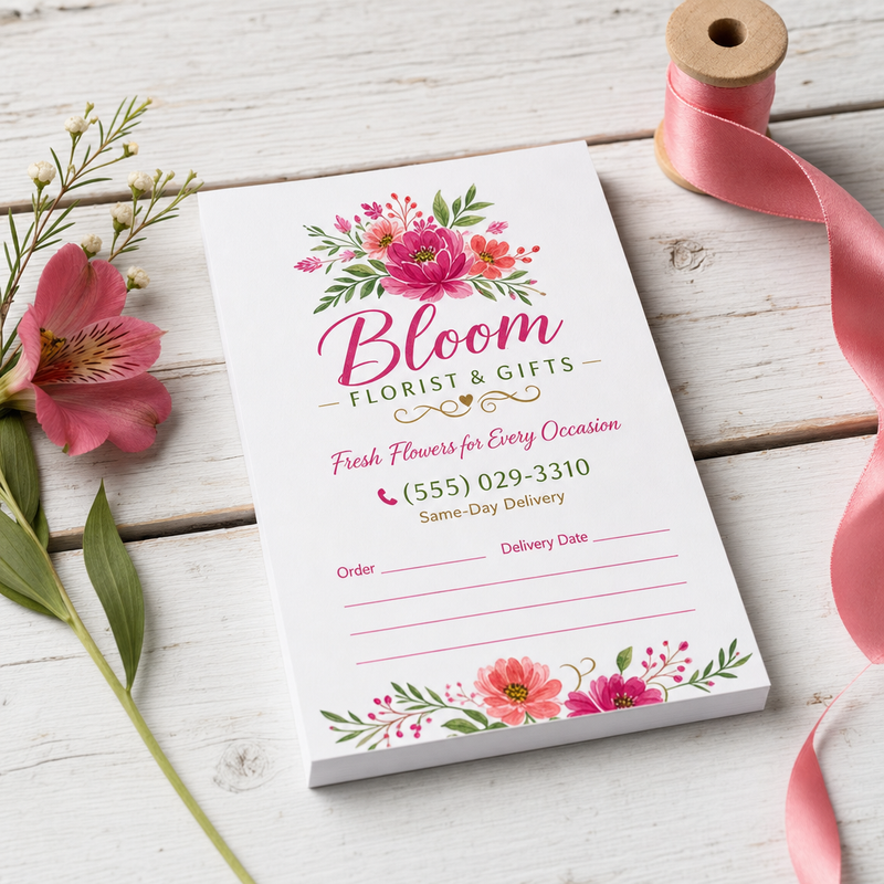 Custom 4.125 x 5.5 inch florist order pad with flower logo, phone, Order and Delivery Date lines, beside pink ribbon