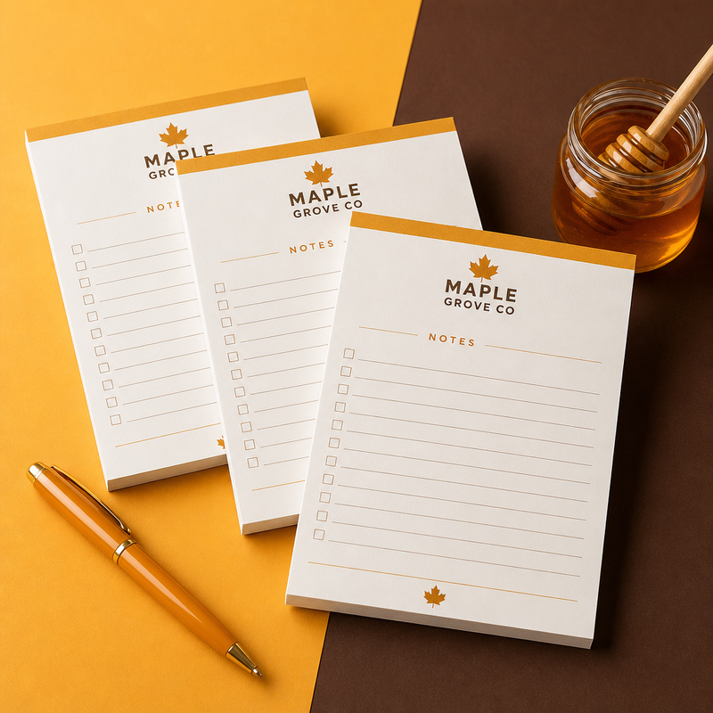 Custom 4.125 x 5.5 inch Maple Grove Co. note pads, checklist and Notes pads with orange bands, a pen and honey