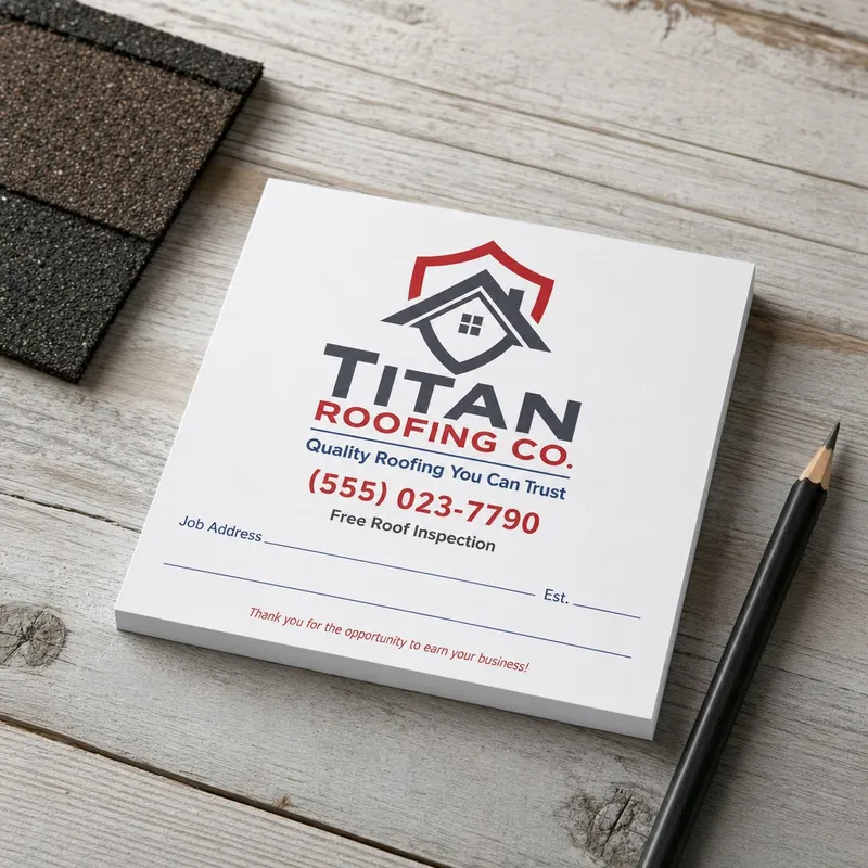 Custom 4 x 4 inch roofing company square notepad with free roof inspection and job lines, beside shingles and a pencil