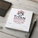 Custom 4 x 4 inch roofing company square notepad with free roof inspection and job lines, beside shingles and a pencil