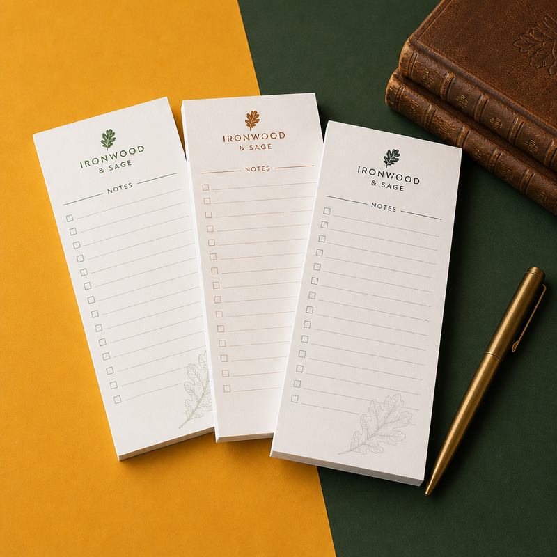 Custom 4 x 7 inch Ironwood & Sage memo pads, three checkbox pads with leaf art, a gold pen and a leather book