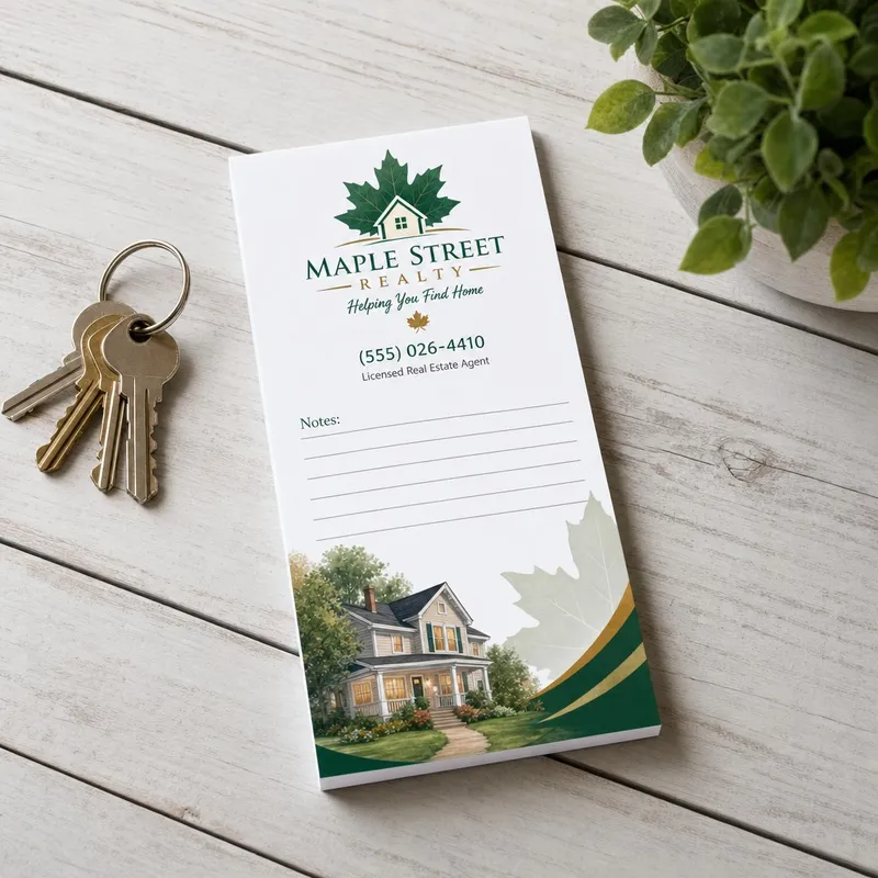 Custom 4 x 7 inch real estate memo pad with maple leaf logo, phone, Notes lines and a house illustration, beside keys
