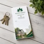 Custom 4 x 7 inch real estate memo pad with maple leaf logo, phone, Notes lines and a house illustration, beside keys
