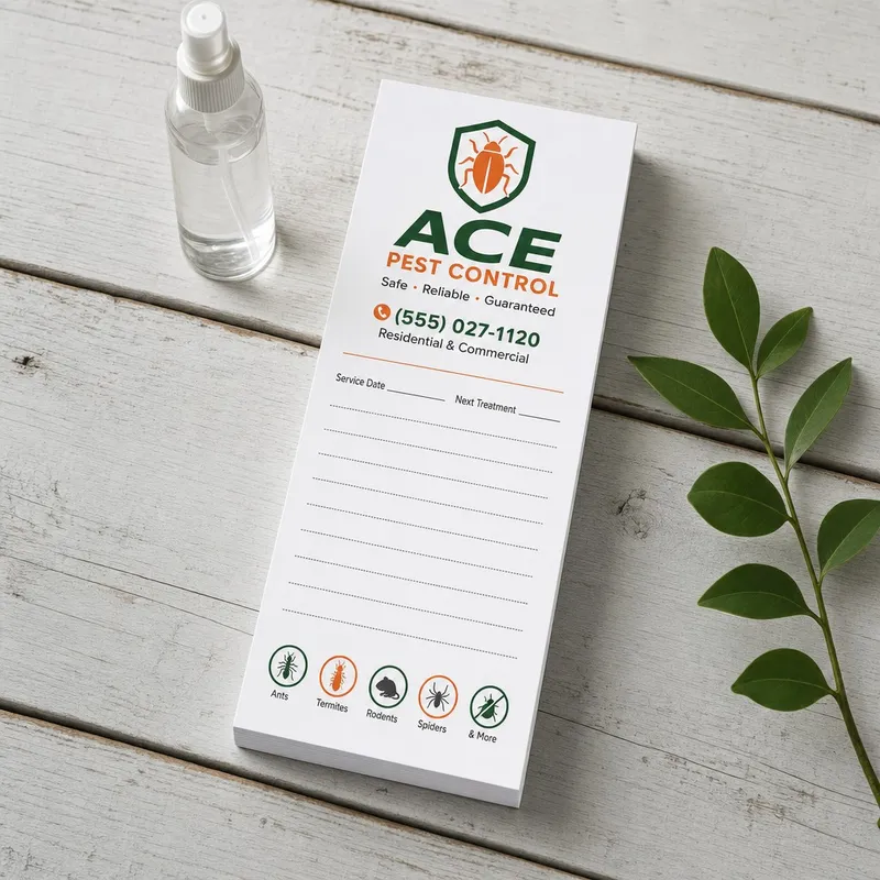 Custom 4 x 8 inch pest control notepad with service date and next treatment lines, beside a spray bottle and leaves