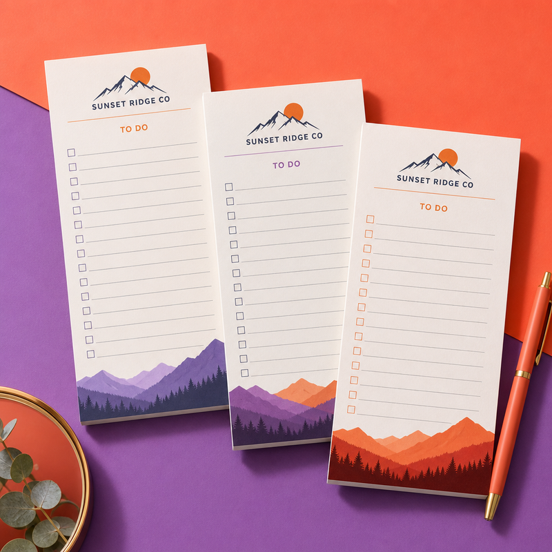 Custom 4 x 8 inch Sunset Ridge Co to-do list pads, three checkbox pads with mountain bands and an orange pen